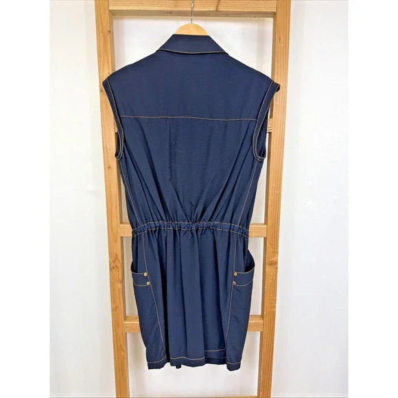 Lazenzaro Blue Pockets Sleeveless Collared Utility Snap Up Dress #1563 Size MED - Picture 4 of 5
